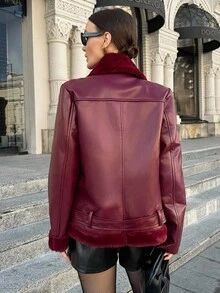 Lavishia 女士秋冬长袖拉链领PU皮保暖内衬摩托车夹克，秋冬新年圣诞节优雅上衣 - 彩色 - 查看 2