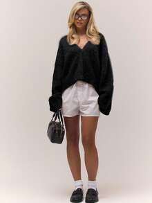 MUSERA 毛绒针织宽松V领纽扣开衫，复古乡村风，可爱田园风，返校休闲女装，奶油糖色春季毛衣 - 黑色 - 查看 4