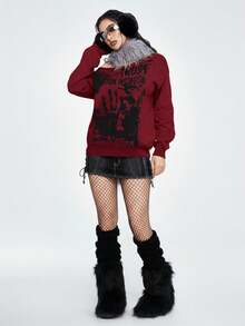 ROMWE Grunge Punk Suéter holgado de mujer con estampado de teñido anudado de esqueleto y hombros asimétricos, estilo vintage de festival de música