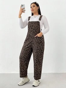 SHEIN Essnce Plus Size Women's Autumn And Winter Fashion Casual Loose Comfortable Daily Corduroy Brown Leopard Overalls,Women Bottom,Fall Outfits,Leopard Jumpsuit