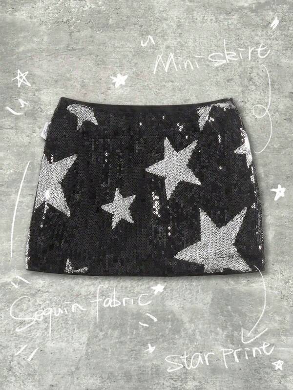 Y2Kool Minifalda metálica con lentejuelas en forma de pentágono para mujer, ideal para fiestas, Halloween, vacaciones y viajes. Falda con lentejuelas en forma de estrella, brillante y elegante, en color negro, para vestimenta casual y de estilo, perfecta para looks de Año Nuevo.