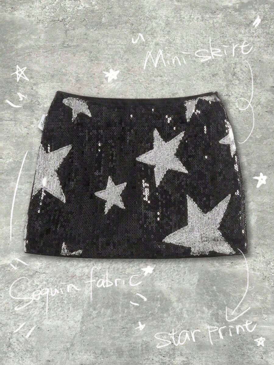Y2Kool Women's Metallic Sequin Pentagram Mini Skirt, Party, Halloween, Holiday, Travel Sequin Skirt Star Sequin Skirt Sparkle Skirt Star Skirt Black Skirt Casual Stylish Collection New Year - Black - View 1