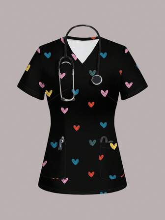 SHEIN Essnce Casual Heart Pattern Women's Scrub Uniform Top, Suitable For Summer