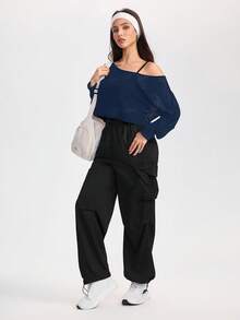 With My Calm 女式宽松蝙蝠袖露肩健身跑步户外运动T恤 - 藏蓝色 - 查看 7