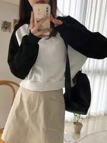 DAZY Áo nỉ cổ tròn tay raglan màu tương phản thường ngày dành cho nữ, quần áo mùa thu - Màu xanh hải quân - Xem 6