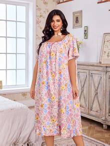 CottageSlumber 大码休闲浪漫碎花睡袍 - 粉色 - 查看 1