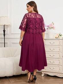 Reflora Plus Size Mesh Patchwork Embroidered Round Neck Elegant Dress - Burgundy - View 2