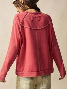 Bohemela Women's Casual Solid Color Knit Crew Neck Long Sleeve Loose Washed Top - Red - View 8