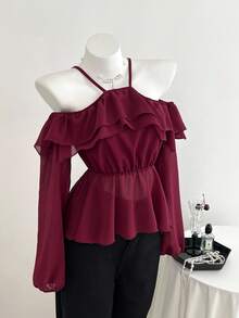 Elamini Women's Off-Shoulder Ruffle Mesh Patchwork Long Sleeve Women Blouse - Burgundy - View 5