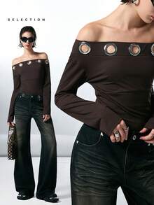 LYSMO Áo thun dài tay trễ vai màu trơn tối giản mùa thu 2025 dành cho nữ, thiết kế lỗ khóa, lỗ xỏ kim loại, phong cách đồng quê Nightmare Before Christmas dành cho nữ, áo thun màu nâu dành cho nữ, buổi hòa nhạc đồng quê - Cà phê nâu - Xem 1