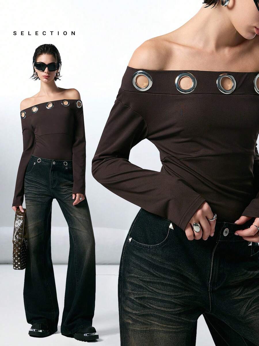 LYSMO Áo thun dài tay trễ vai màu trơn tối giản mùa thu 2025 dành cho nữ, thiết kế lỗ khóa, lỗ xỏ kim loại, phong cách đồng quê Nightmare Before Christmas dành cho nữ, áo thun màu nâu dành cho nữ, buổi hòa nhạc đồng quê - Cà phê nâu - Xem 1