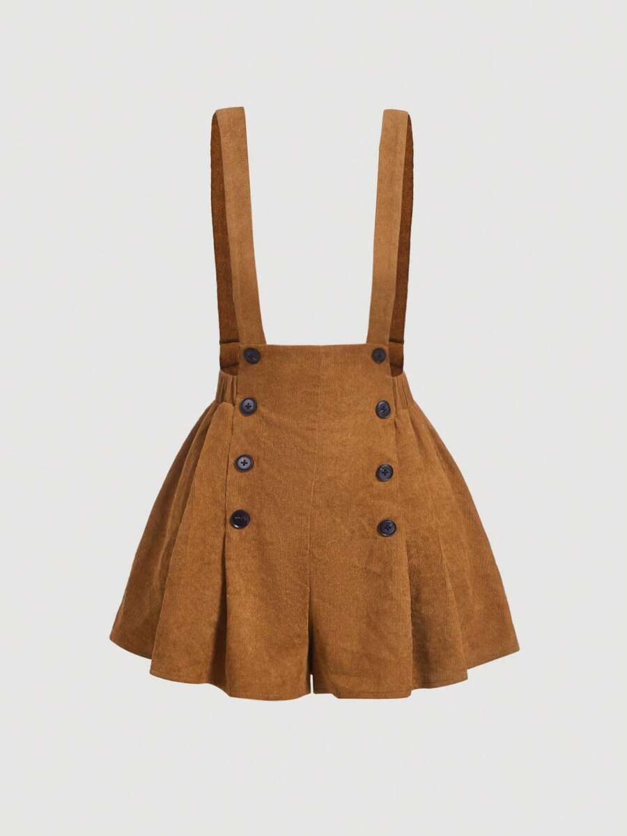 SHEIN MOD 大码女式卡其色双排扣褶皱复古连体衣（夏季） - 卡其色 - 查看 1