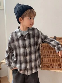 DAZY 男童休闲宽松格子衬衫，日系秋季款 - 棕色 - 查看 9