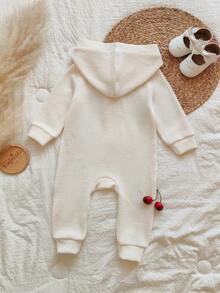 Vintaside Kids 一件装休闲舒适长袖连帽樱桃刺绣女婴连体衣秋冬款 - 杏色 - 查看 2