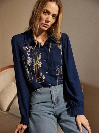 Écloséra Daily Casual Versatile Loose Embroidery Long-Sleeved Women's Autumn And Winter Loose Tops Shirts Women's Shirts Women's Shirts Long-Sleeved Tops Women's Elegant Shirts Women's Casual Shirts