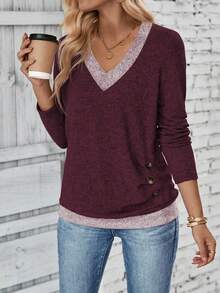EMERY ROSE Camiseta casual de mujer con cuello en V, manga larga, diseño de botones y fruncido, en color contrastante - Burdeos - Ver 5