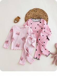 4 件套新生女婴可爱卡通印花针织弹力长袖上衣和松紧腰长裤，秋冬