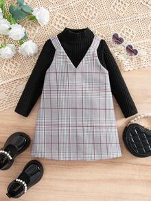 SHEIN Babygirl Elegant Matching Mother-Daughter Outfits, Plaid Sleeveless Dress & Long Sleeve Knit Top Set Fall Winter - Black - View 4