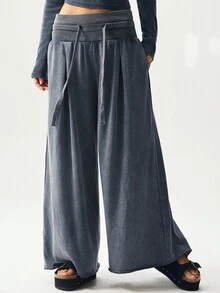 Bohemela 女士休闲纯色针织宽松阔腿裤 - 灰色 - 查看 4