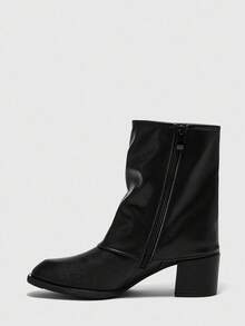 CUCCOO BIZCHIC 女士时尚侧拉链褶裥筒靴，复古休闲舒适百搭黑色中筒靴 - 黑色 - 查看 5