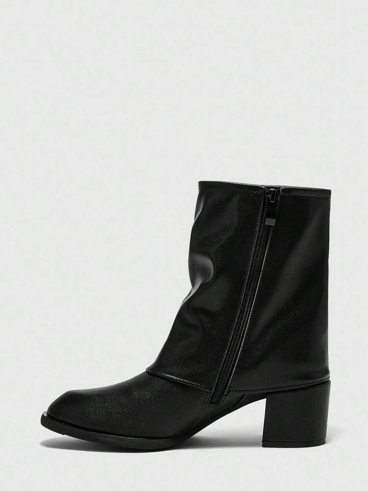 CUCCOO BIZCHIC Women's Fashion Side Zipper Pleated Shaft Boots, Retro Casual Comfortable Versatile Black Mid-Calf Boots