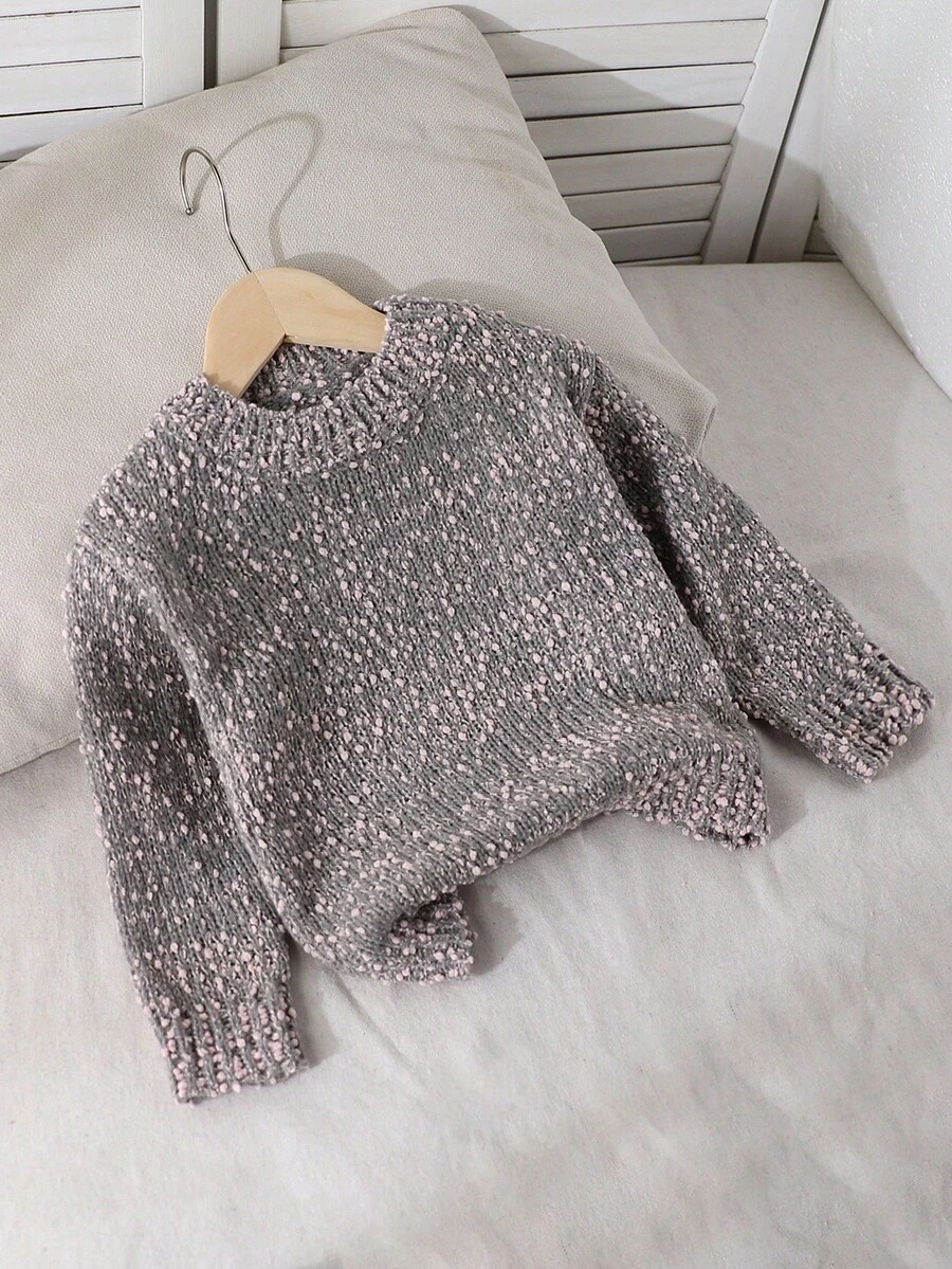 Sparklyn 女童时尚可爱百搭休闲圆领长袖毛衣，采用粗针织绒球纱线，适合秋冬季 - 灰色 - 查看 1