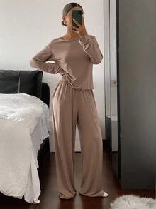 DAZY Simple & Comfortable Solid Color Wavy Hem Knit Loungewear Set For Women , Cozy Outfit Fall Winter Clothes - Khaki - View 5