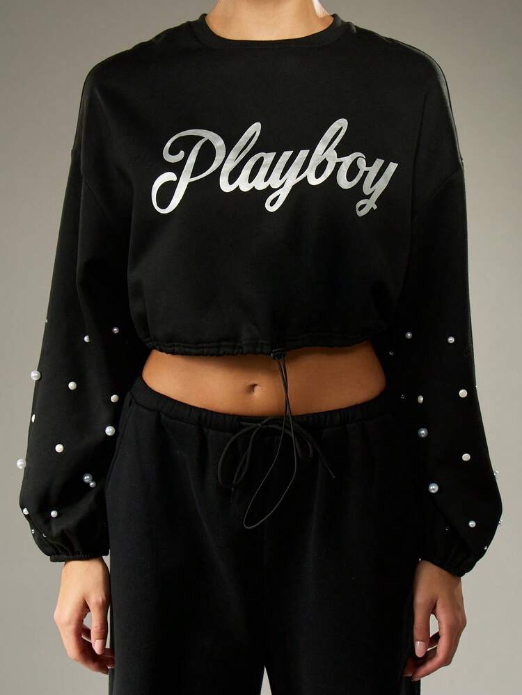 Missguided x Playboy Pearl Embellished Balloon Sleeve Drawstring Crop Sweatshirt Lounge Pullover Fall Winter Casual Everyday Wear Rhinestone Detail