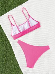 SHEIN Swim Women's Solid Color Pink Bikini Set For Summer Beach, Bathing Suit Set - Hot Pink - View 5