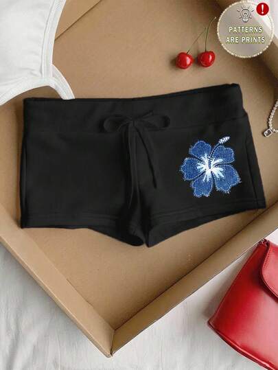 Comfortcana Casual Minimalist Blue Applique Print Pattern Drawstring Slim Fit Shorts