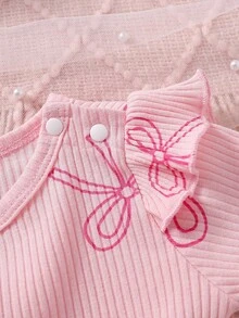 SHEIN 情人节新生儿爱心印花连体衣，舒适针织休闲连体衣，配发带，秋冬季款 - 粉色 - 查看 6