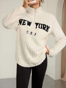 SHEIN Tall 2pcs Women Letter Print Zip-Up Fleece Sweatshirt And Pants Set,White And Black,Autumn Casual Lounge Outfits,Tall Version Slimmer Winter Clothes - White - View 6
