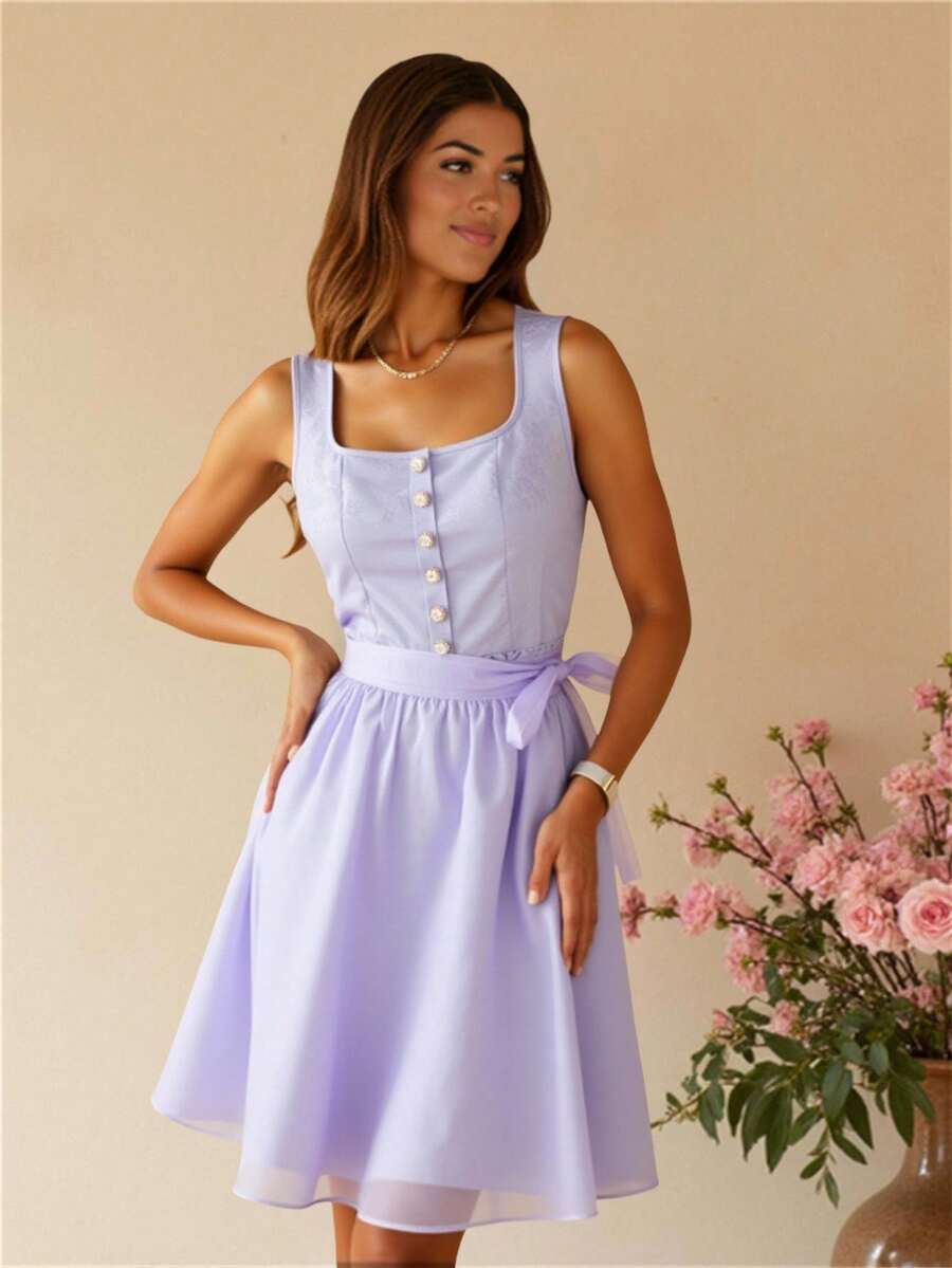 Fairmaia German Traditional Button Design Sleeveless Tie-Waist Dress For Women German Traditional Women Floral Print Square Neck Sleeveless Dirndl Dress, For Oktober Dirndl,Oktober, Traditional, Halloween  Top Not Included