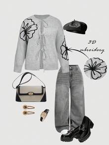 SHEIN MOD Plus Size Casual 3D Floral Lace-Up Knitted Cardigan, Autumn/Winter,Floral Embroidered,Elegant Casual Women Cardigans 3D Floral Contrast Color Cardigan Sweater, For Winter Fall,Winter Clothes For Women,Christmas  ,New Year