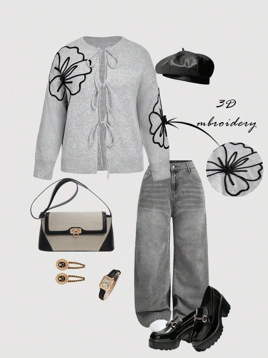 SHEIN MOD Plus Size Casual 3D Floral Lace-Up Knitted Cardigan, Autumn/Winter,Floral Embroidered,Elegant Casual Women Cardigans 3D Floral Contrast Color Cardigan Sweater, For Winter Fall,Winter Clothes For Women,Christmas  ,New Year