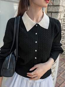 FRIFUL 女式黑白撞色领扭纹针织修身开衫，百搭秋季针织衫 - 黑色 - 查看 1