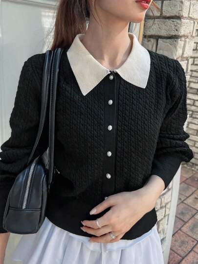 FRIFUL 女式黑白撞色领扭纹针织修身开衫，百搭秋季针织衫