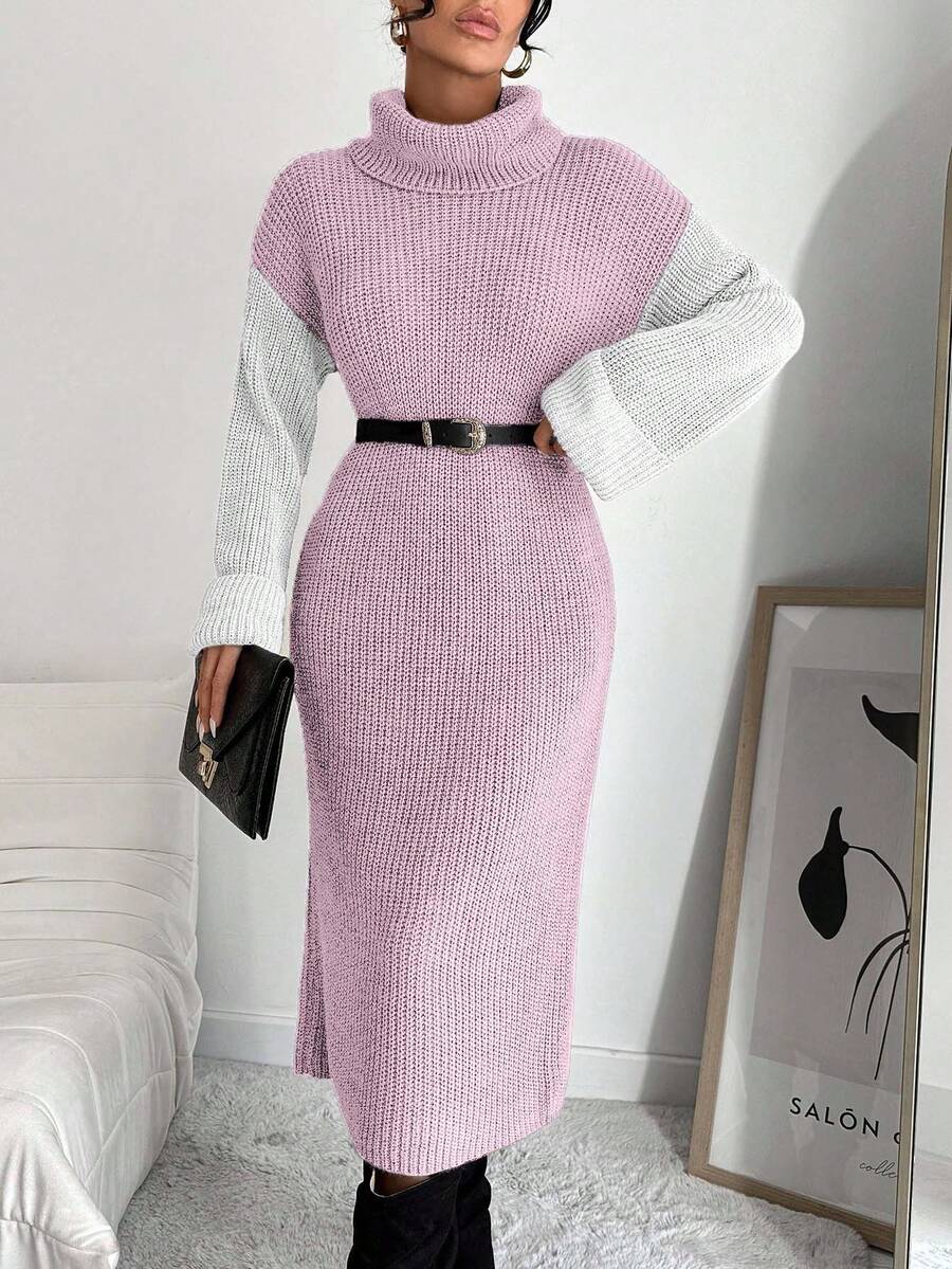 SHEIN Cottnline 女式休闲拼色高领针织连衣裙,秋冬 - 淺粉色 - 查看 1
