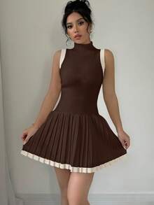 Elenzga Contrast Trim Collared Sleeveless Pleated Sweater Dress