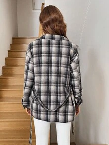 SHEIN LUNE Manteau en laine à carreaux avec boutons sur le devant pour femmes, style vintage décontracté et élégant pour les déplacements, pour l'automne/hiver - Noir et Blanc - Voir 2