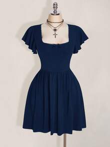 SHEIN ICON Plus Size Solid Color Minimalist Square Neck Ruffle Sleeve Dress - Navy Blue - View 3