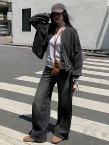 DAZY 女式休闲水洗街头风格牛仔夹克和宽松牛仔裤套装