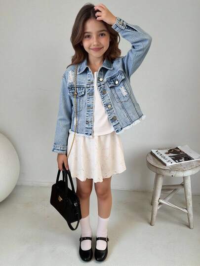 青少年女孩破洞牛仔裤，返校系列，中蓝色水洗，Y2K 风格，破洞，磨损下摆，修身剪裁，舒适棉质牛仔裤，适合日常穿着、上学、通勤