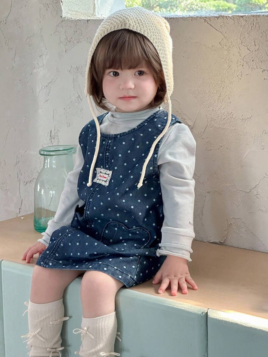 DAZY 女婴水洗波点爱心图案宽松休闲牛仔连衣裙，韩版秋冬幼儿女童服装 - 藍色 - 查看 1