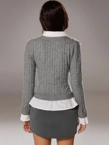 SHEIN TRNDY 1pc Women's Cardigan, Gray Autumn/Winter Personalized Shirt Collar 2 In 1 Cable Button Design Knit Casual - Light Grey - View 2