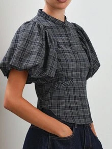 COUREZ Puff Sleeve Check Top /Y2K  Women Clothes  Clothes Cute Tops Going Out Outfits Cute Sexy Steetwear Elegant - Grey - View 5