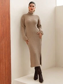 Modelyn Women's Elegant Twist Rope High Neck Sweater Dress, Casual Style - Apricot - View 7