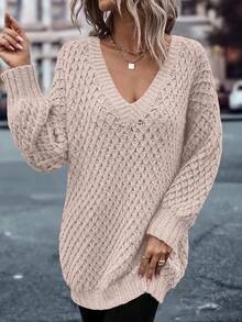 EMERY ROSE Women's V-Neck Dropped Shoulder Long Sleeve Loose Casual Vacation Sweater, Autumn/Winter
