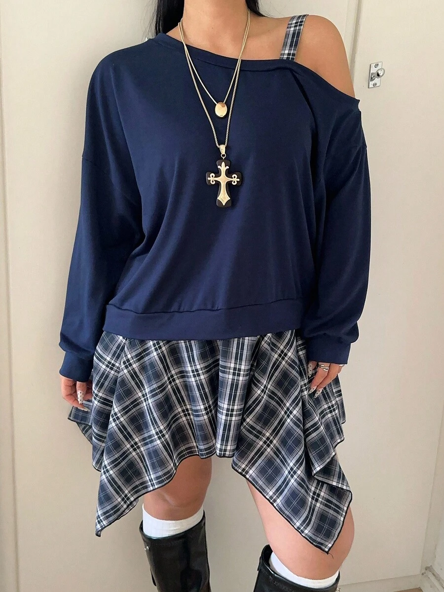 POPSWAY 大码韩版宽松撞色卫衣 - 寶藍色 - 查看 1