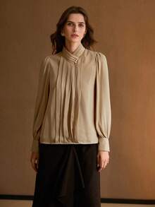 MOTF PREMIUM RUCHED KNIT BUTTON DECOR ELEGANT BLOUSE